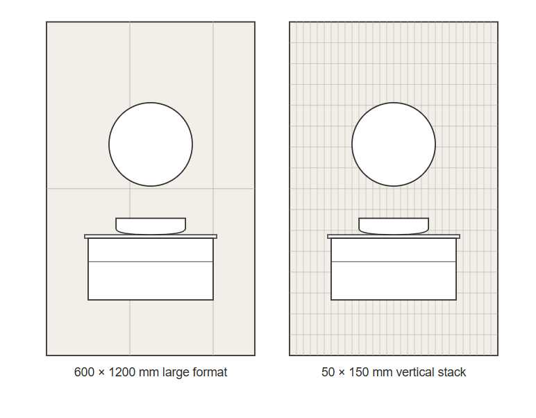 A comparison of the same vanity wall using a large format tile versus a small format.