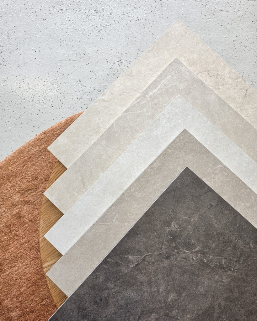 5 colourways in the Arcadia tile range from chocolate through to white.